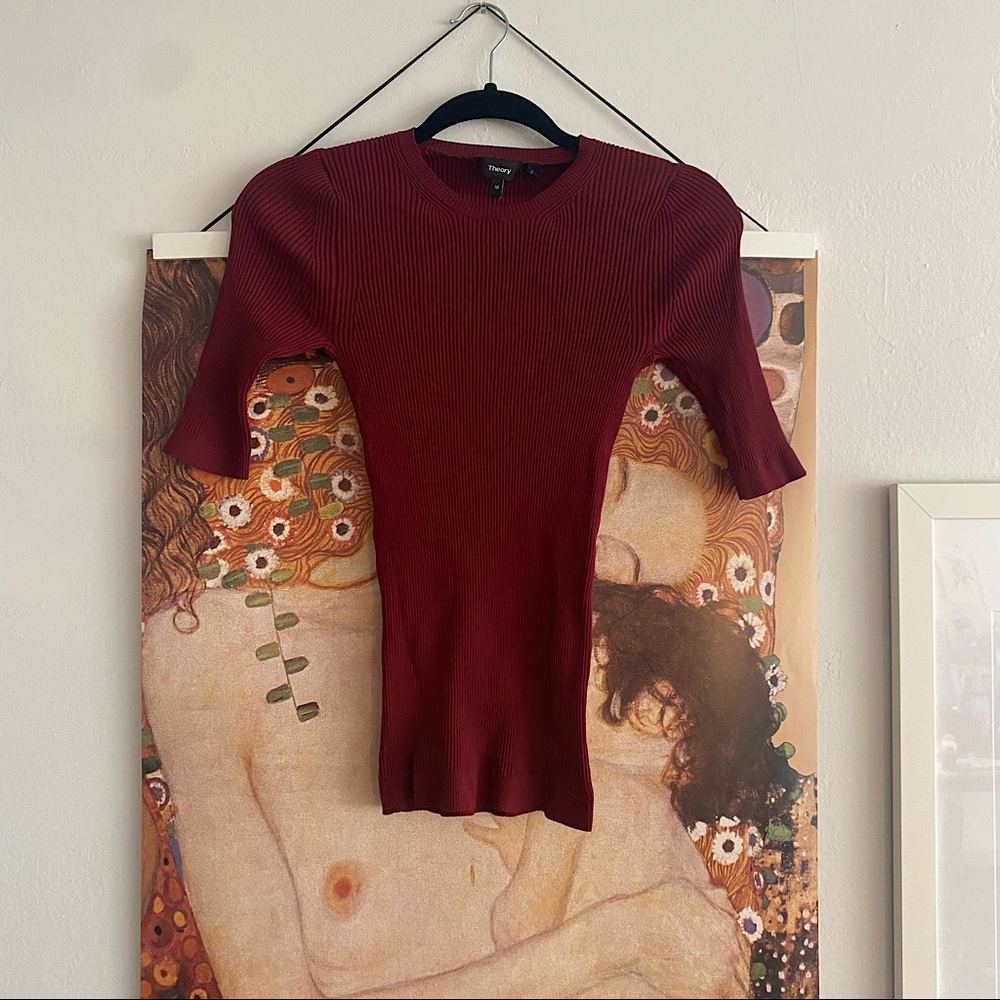Theory ribbed red knit short sleeve shirt size M